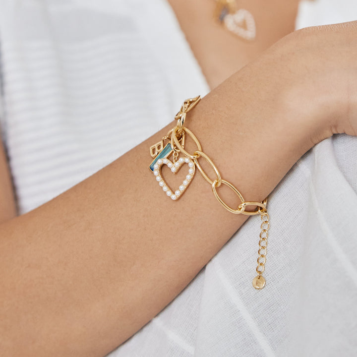 Cami Birthstone Initial Pearl Heart Charm Bracelet