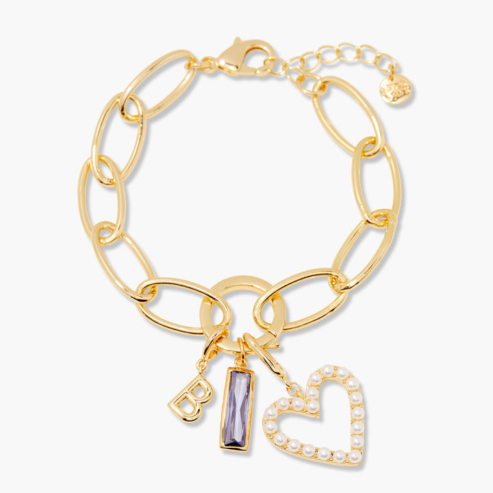 Cami Birthstone Initial Pearl Heart Charm Bracelet