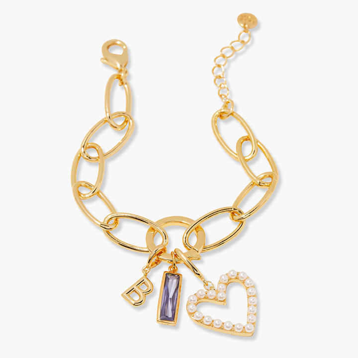 Cami Birthstone Initial Pearl Heart Charm Bracelet