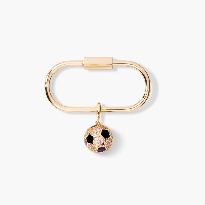 Oval carabiner key chain with a pavé crystal and black enamel soccer ball charm dangling from the bottom.