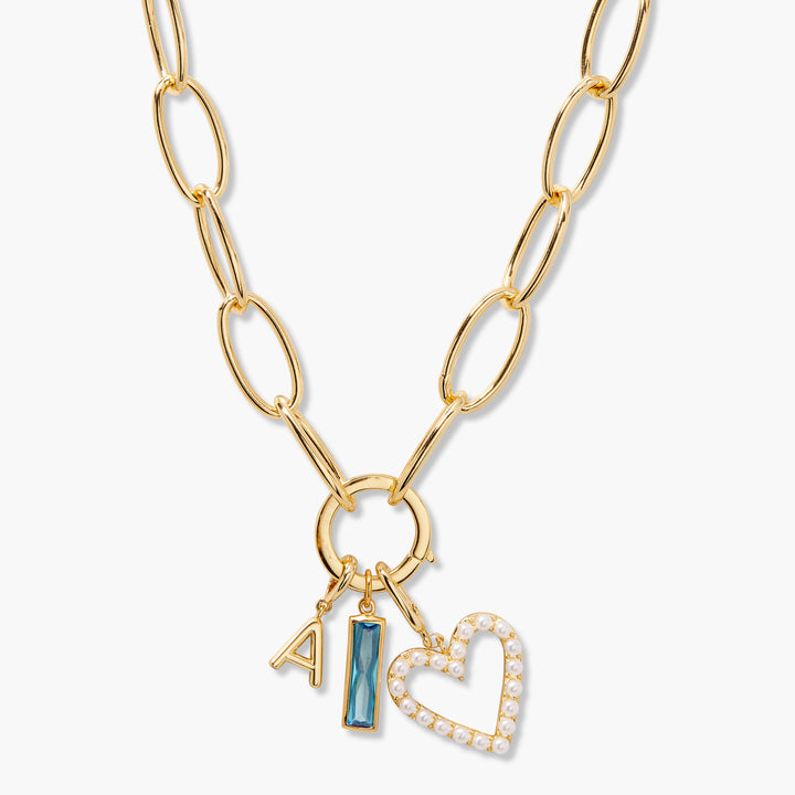 Cami Birthstone Initial Pearl Heart Charm Necklace