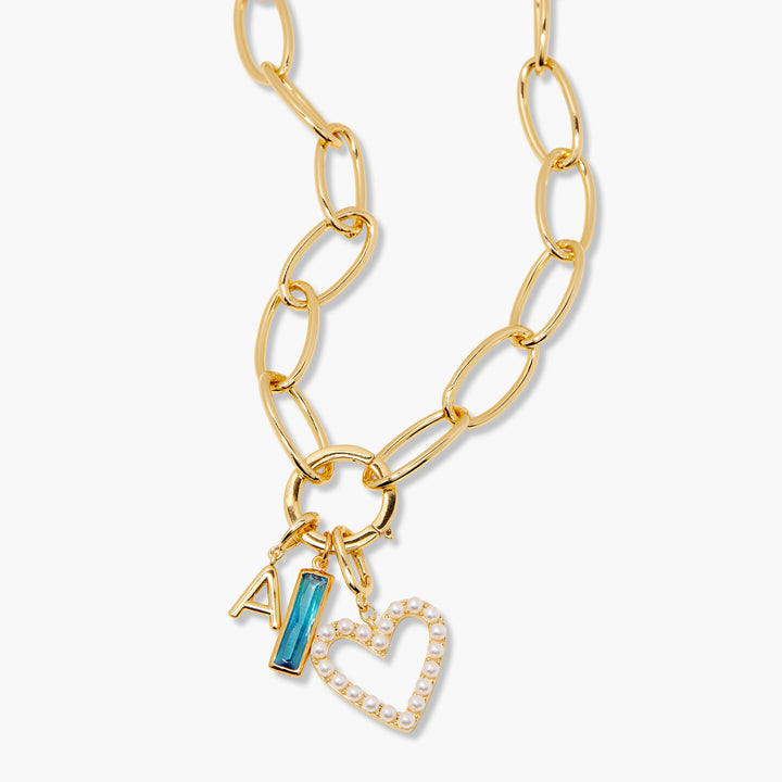 Cami Birthstone Initial Pearl Heart Charm Necklace