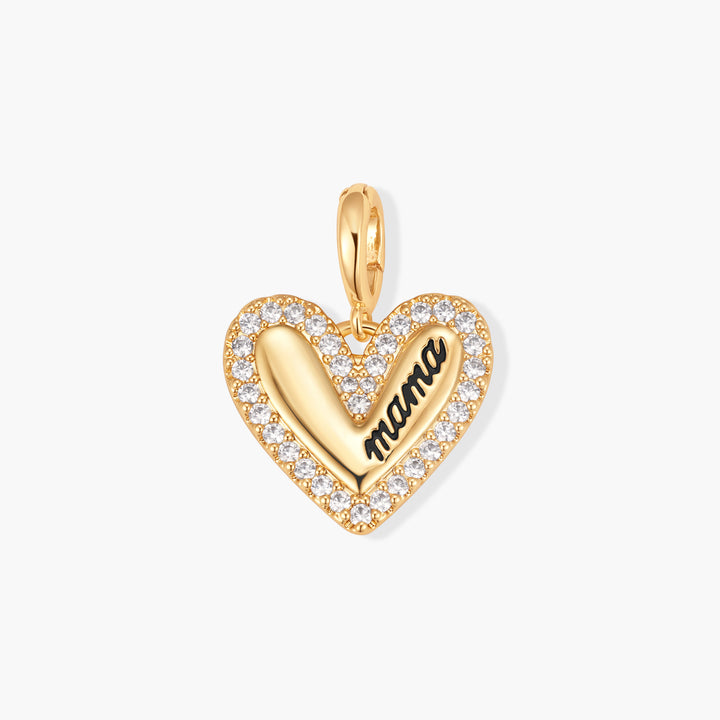 gold heart charm with cz border and mama engraving.