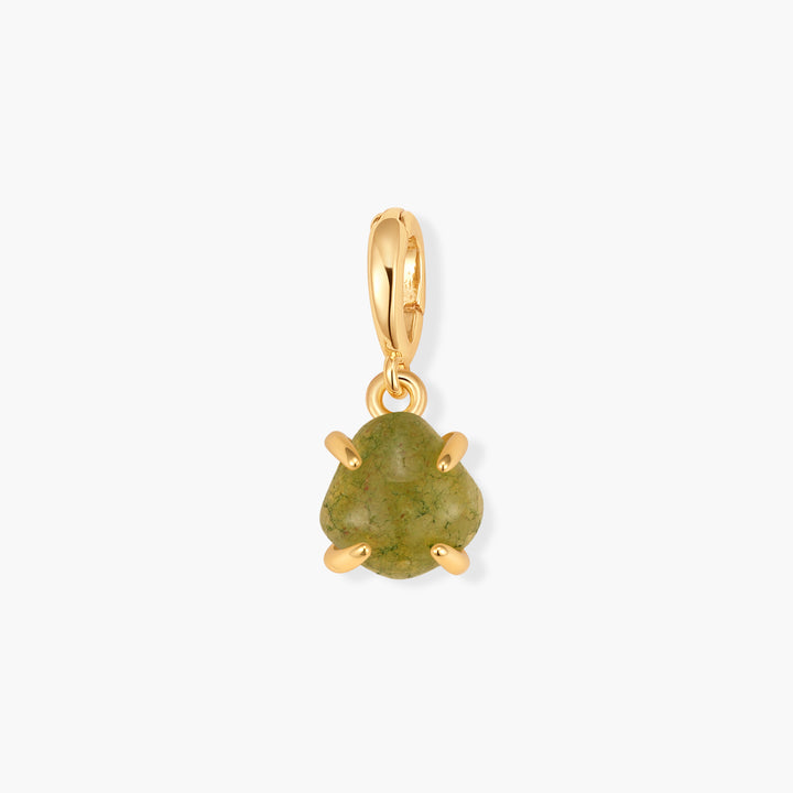 Mabel Birthstone Charm with a rounded green stone cabochon set in prongs, suspended from a ring clasp.