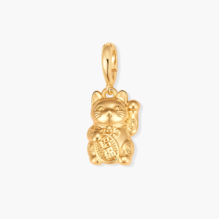Gold-tone Poppy Lucky Cat Charm with a 3D maneki-neko figure, engraved coin detail, and ring clasp.