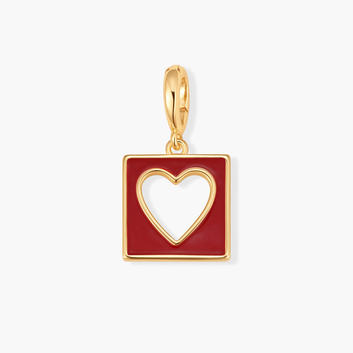 Square enamel heart charm with an open heart cutout, in red with a ring clasp, as an alternate color option.