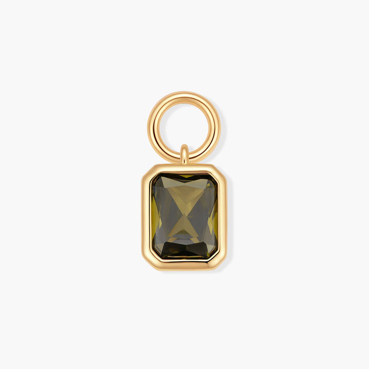 Vivienne Emerald Birthstone Charm with a bezel-set rectangular olive green stone and a ring clasp.