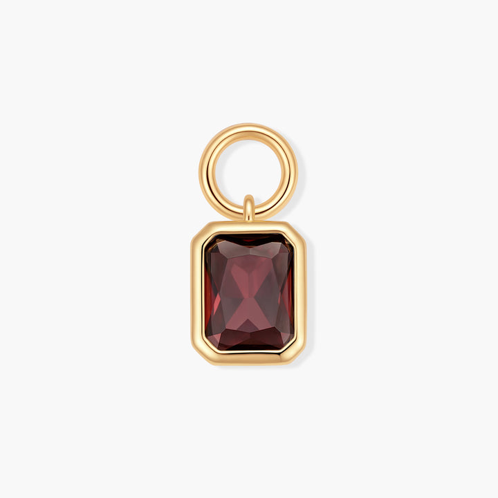 Gold-tone Vivienne Emerald Birthstone Charm with a deep red rectangular bezel-set stone and a ring clasp.