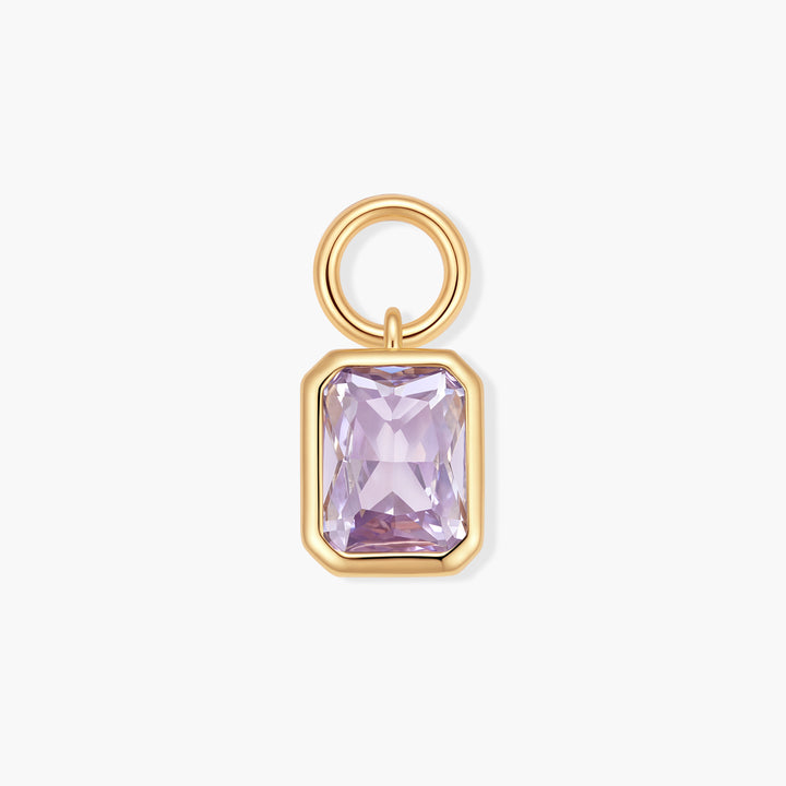 Vivienne Emerald Birthstone Charm with a bezel-set rectangular lavender stone and a ring clasp loop at the top.