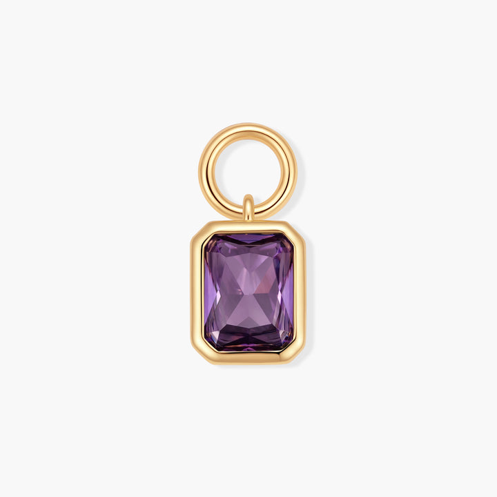 Vivienne Emerald Birthstone Charm with a bezel-set rectangular purple stone and a ring clasp loop at the top.