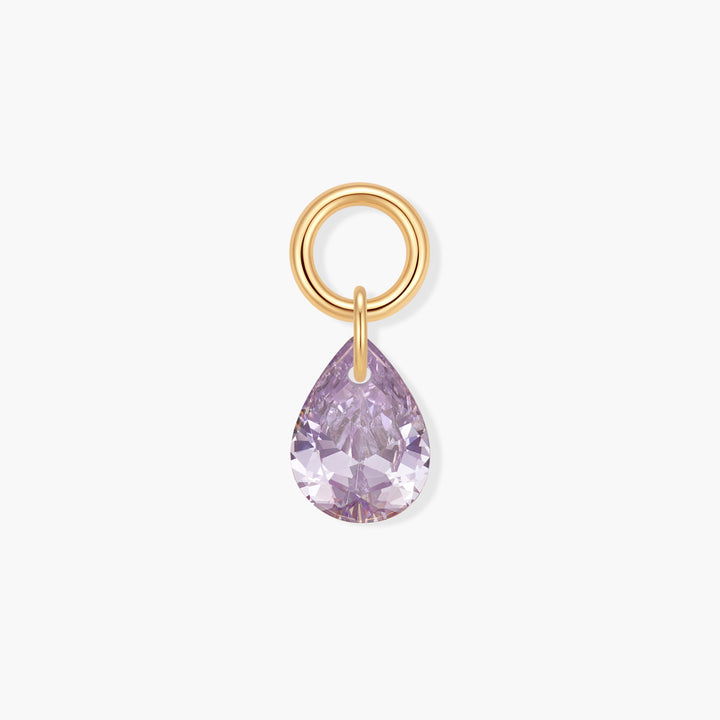 Vivienne Teardrop Birthstone Charm with a faceted lavender pear-shaped stone suspended from a ring clasp.