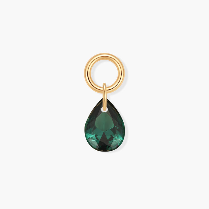 Vivienne Teardrop Birthstone Charm with a faceted green pear-shaped stone suspended from a ring clasp.