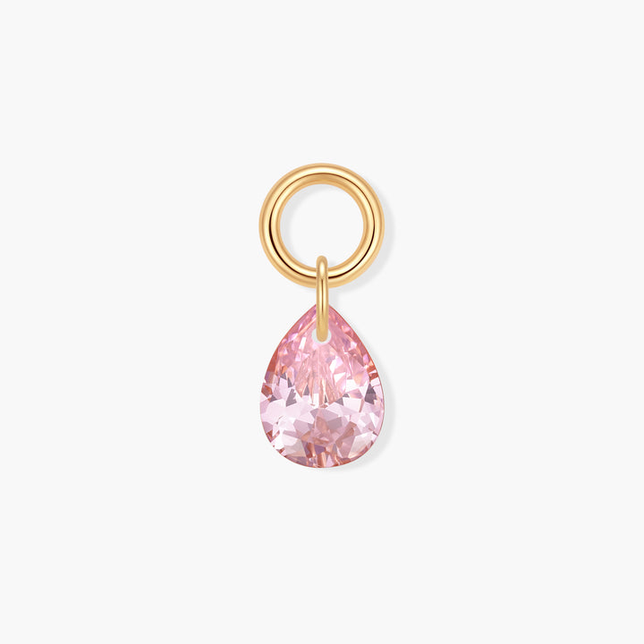 Vivienne Teardrop Birthstone Charm with a faceted pink pear-shaped stone suspended from a ring clasp.