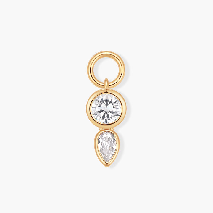 Vivienne Double Drop charm with a bezel-set round white stone above a pear bezel-set white stone, topped with a ring clasp.