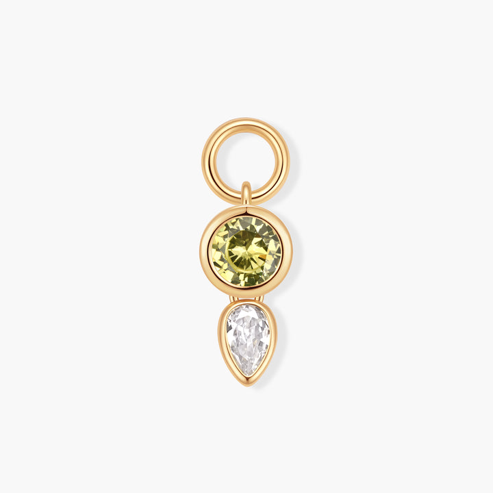 Vivienne Double Drop Birthstone Charm with a bezel-set round yellow stone above a pear-shaped white stone, attached to a ring clasp.
