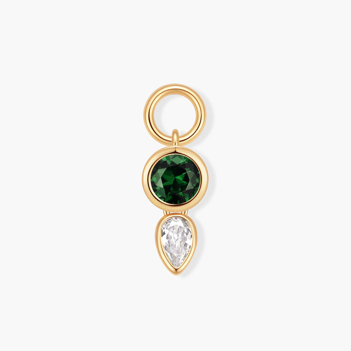 Vivienne Double Drop Birthstone Charm with a bezel-set round green stone above a pear-shaped white stone, hung from a ring clasp