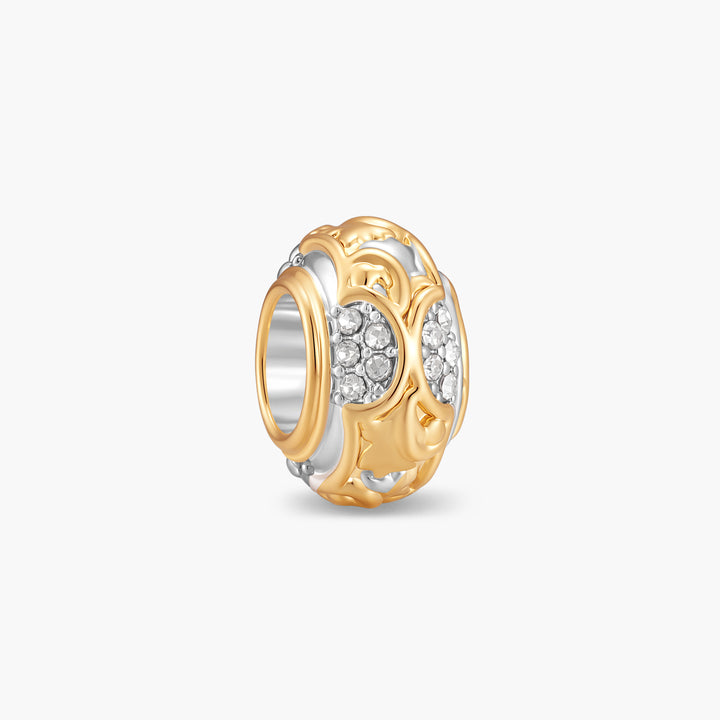 Gaby Vintage Bead charm in two-tone gold-tone and silver-tone with scrollwork overlay and pavé crystal clusters.