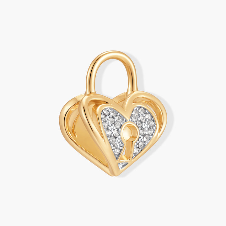 Heart padlock charm with a pave crystal center, keyhole detail, and layered open-heart frame, shot at an angle.