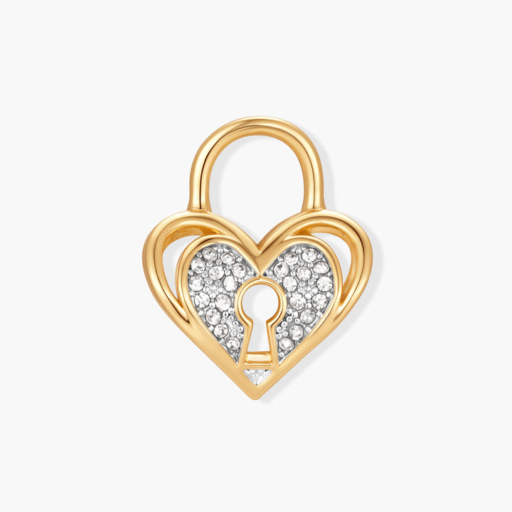 Gold-tone heart padlock charm with a pavé crystal interior and keyhole detail.