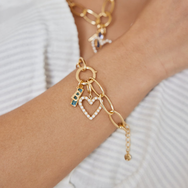 Cami Birthstone Initial Pearl Heart Charm Bracelet