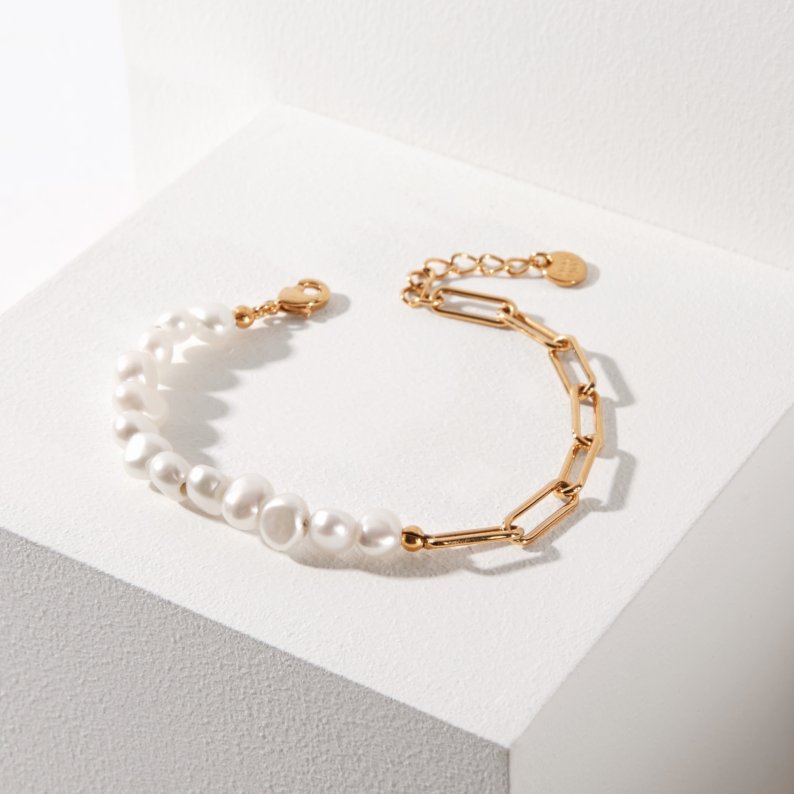 Half Pearl Half chain bracelet, Dainty Gold store Pearl Bridesmaid Gift,Wedding Jewelry,Aesthetic Bracelet, Baroque Pearl Bracelet,14K Gold Filled